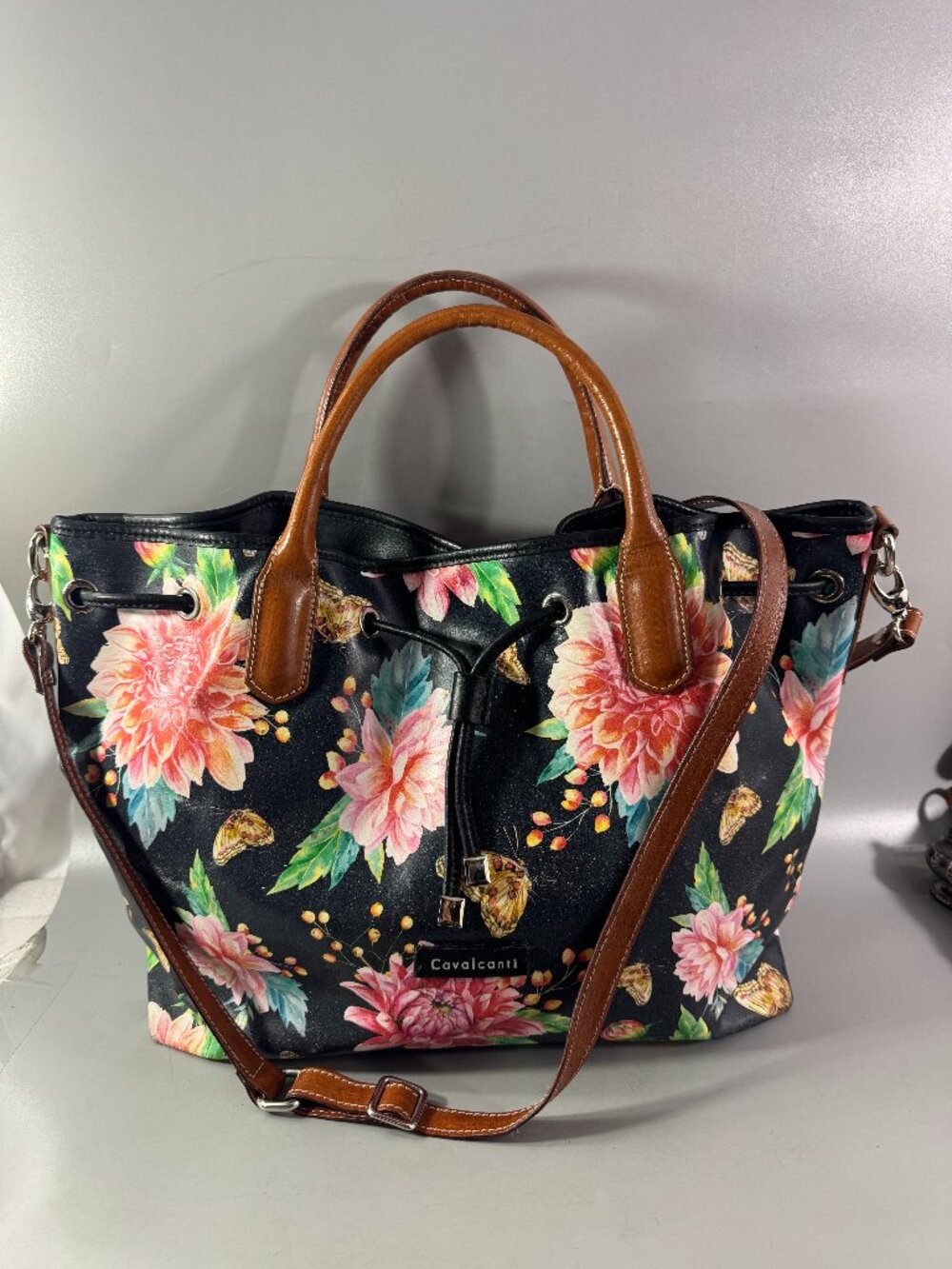 Cavalcanti Italian Black Leather Floral Spring Summer Drawstring Satchel Bag